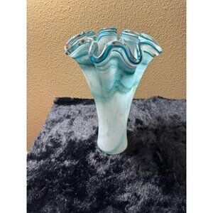 Art Glass Vase Aqua White And Gold Specks Swirl Design Ruffled Edge 10"Tall